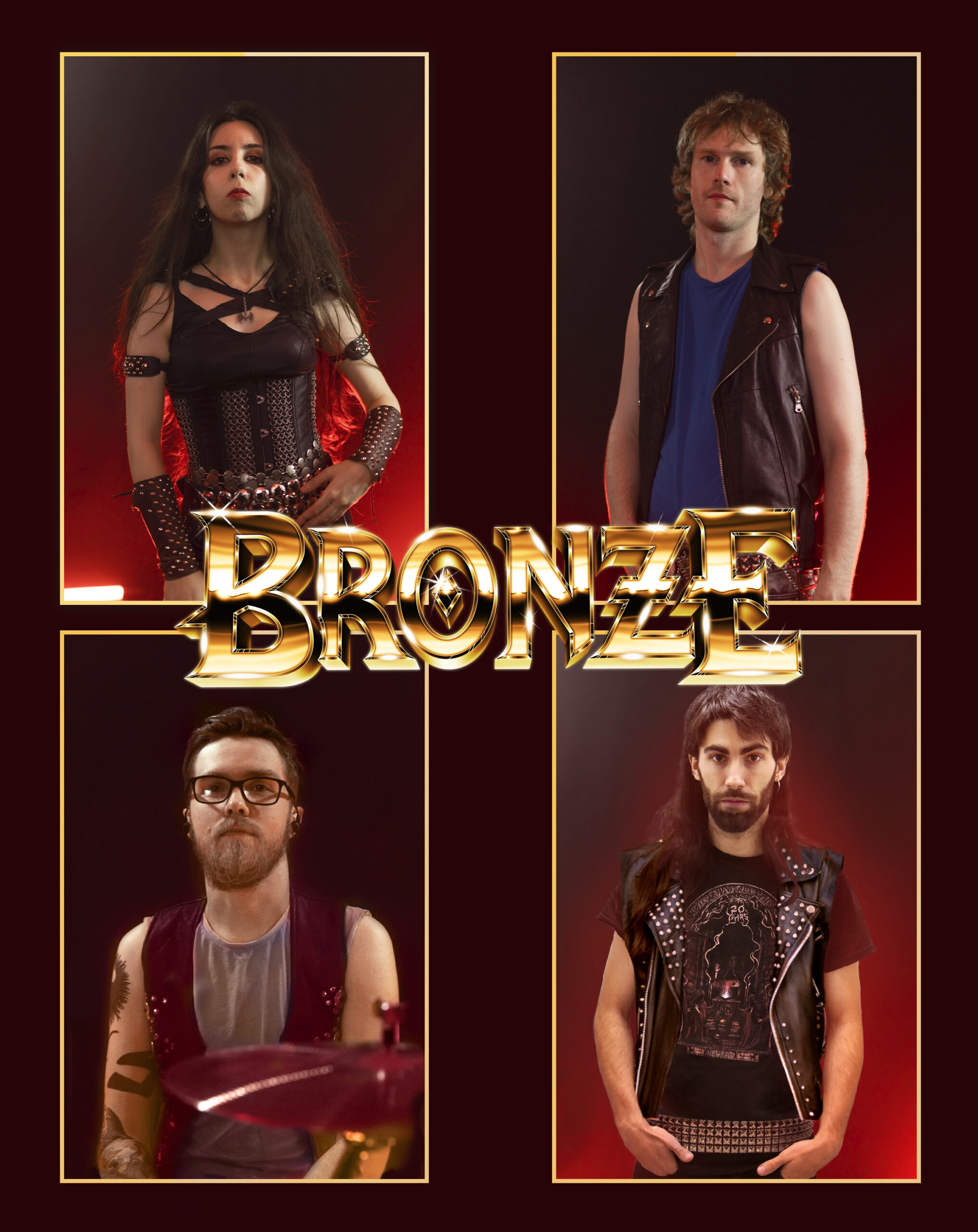 Official promo photo of the heavy metal band Bronze, featuring all four members: Mina Walkure, Cederick Forsberg, Lap, and Billy. Stylized layout with individual portraits and the Bronze chromed golden logo in the center, taken during the Realm of the Damned photoshoot with red lighting.